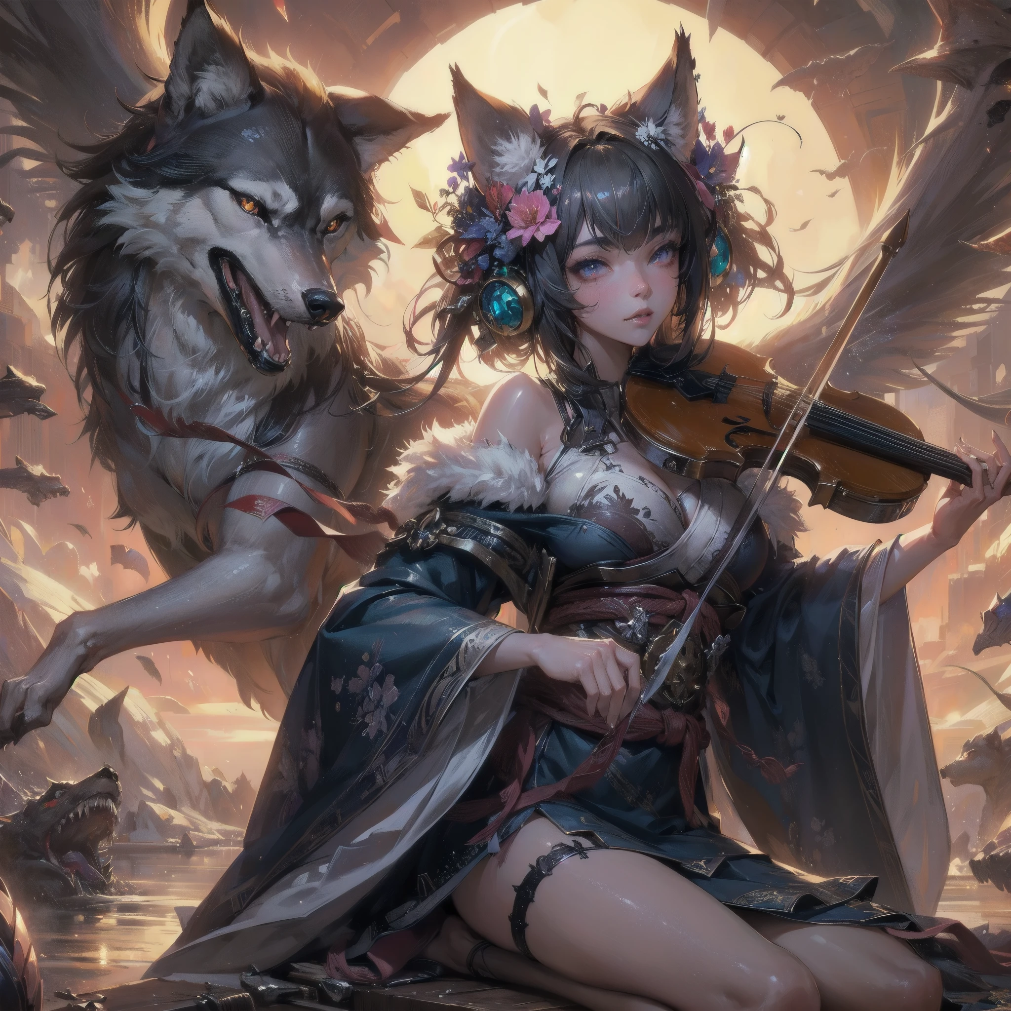  masterpiece, (textured skin), best quality, gorgeous beautiful, (a beautiful girl,wolf ears),detailed clothes,large breasts,narrow waist,, (beautiful face), cinematic lighting, (fantasy anime art ),