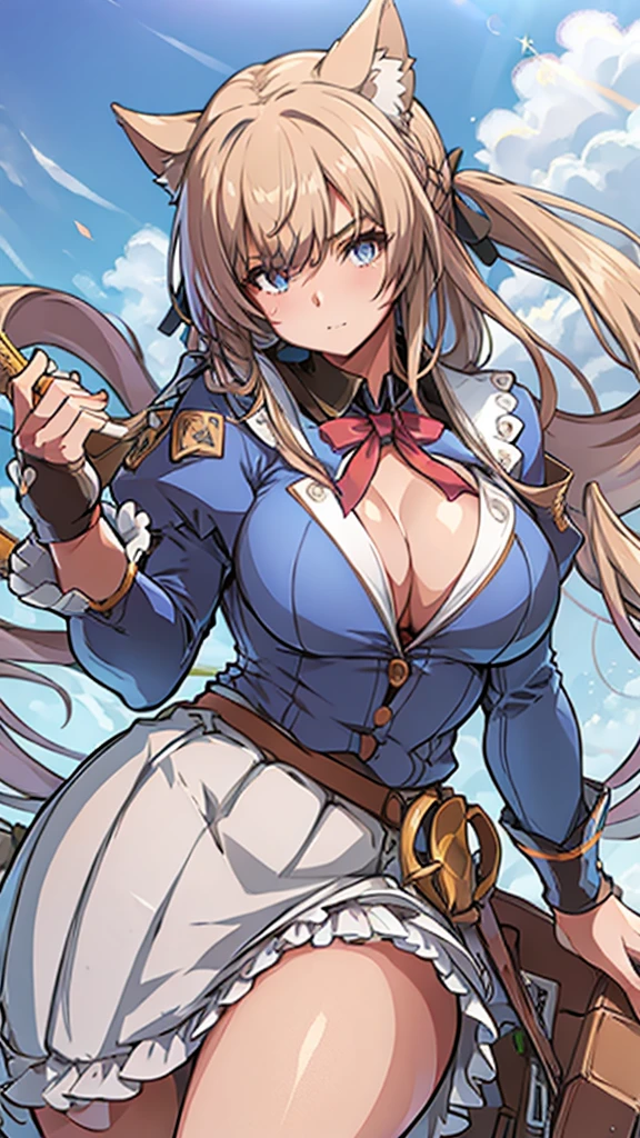 High detailed, 1 girl, light Brown long spiked hair, busty, firm plump body, genetics uniform , Juliet sleeves, pencil BLUE skirt, deep cleavage, Juliet sleeves 