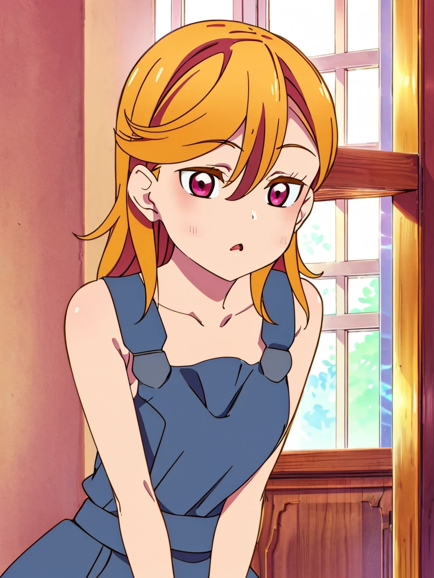 RED_Ribbon_on_HAIR_band,warm light, from below, upper body, ((cute girl, baby face, slender, Blonde hair, red eyes)), cleavage, collarbone, large breast, naked_overalls, no expression, half closed eyes, hands between legs
