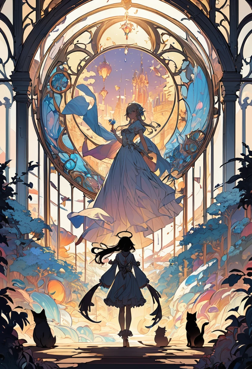 Multiple exposure of the silhouettes of a mother and her cat sleeping in a cage, Candyland Angels, Fantasy Concept Art, Shadow play, (Highest quality, masterpiece, Representative works, Official Art, Professional, Super intricate details, 8k:1.3)