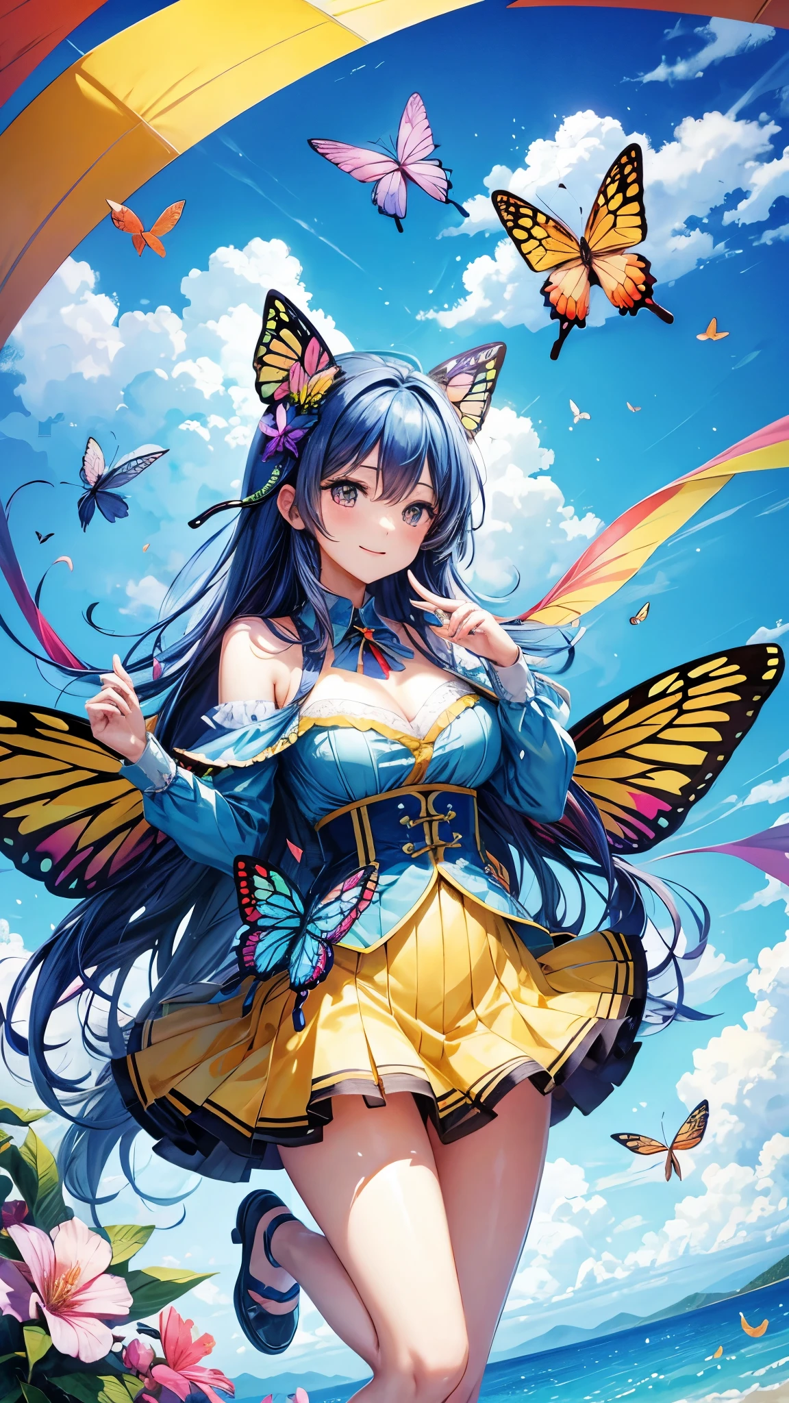 Large butterfly, colorful wings, Background blue sky、Flying high in the sky
