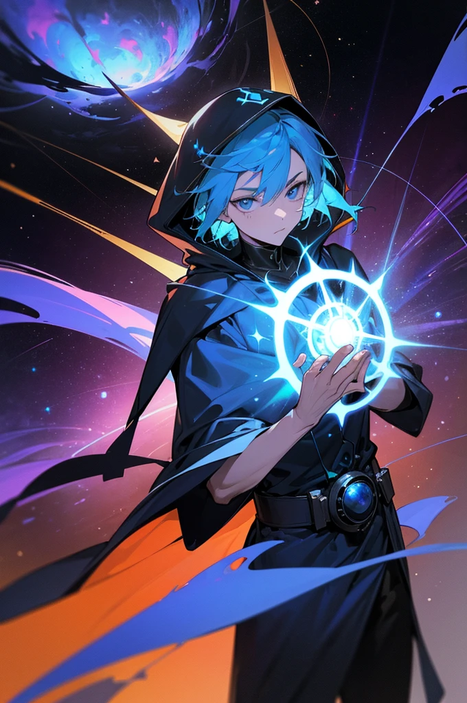 A young man with blue hair and blue eyes, wearing a blue hooded robe, deploying a huge black magic circle, background: distortion of space-time, asteroid belt, a supernova explosion in his hand, and a huge compass behind him