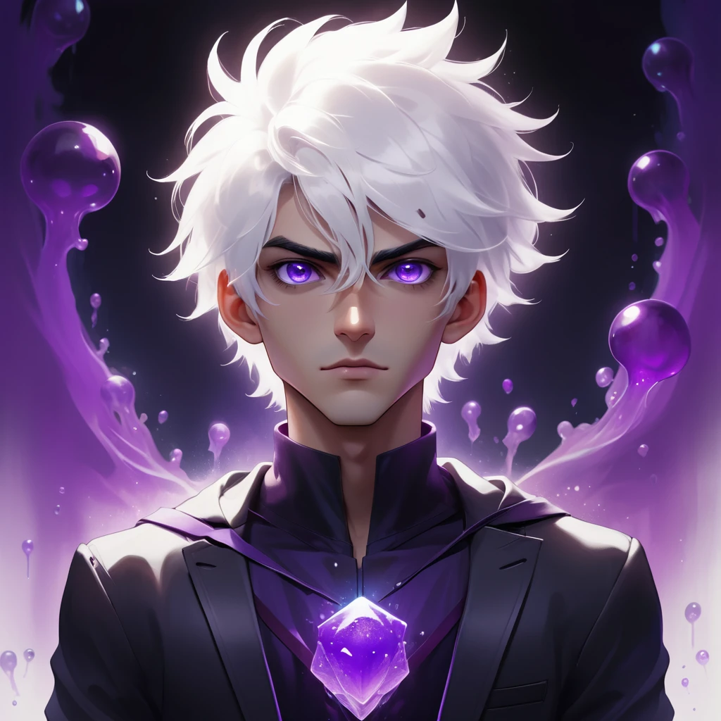 work of art,absurderes,best qualityer,standing alone,1 boy,male focus,jelly portrait,2d,アニメ,White hair, purples eyes,looking at camera 