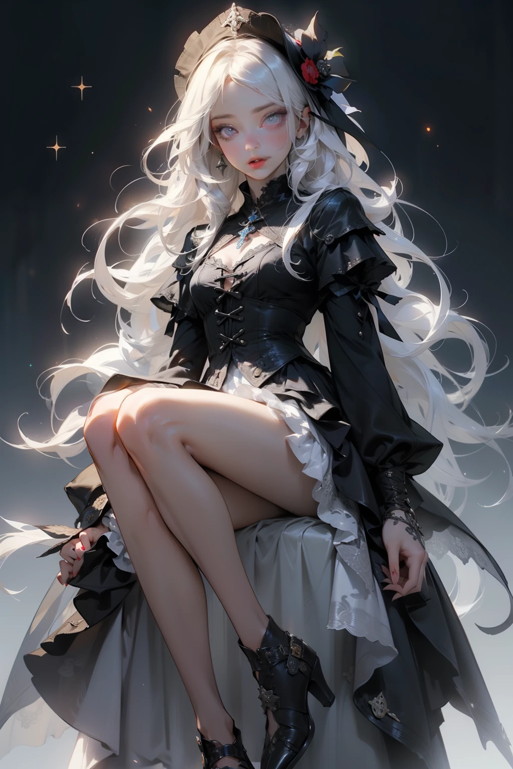 ((best quality)), ((masterpiece)), (detailed), perfect face, hand drawn style, hand painted style, watercolour, sketch, a knight, white background, plain background, Bloodborne inspired, tatty Bloodborne attire, occult aesthetic, occult, tatty red and white clothing detailed and intricate steampunk and detailed gothic lolita (with a hood), diadems, long coat, Complex laced boots, Fluttering lace flared long knee length dress with frilly petticoats, long dress, knee length dress, pleated petticoats, lolita dress, petticoats gothic lolita, beautiful small breasts, (((( Highly detailed face))), small thin nose, Small thin lips mouth, (((Very sharp focused eyes))), Very large slit precision pale grey eyes that shine like jewels. very long eyelashes, Silver hair swaying in the wind, Emitting a dazzling light in a mandala pattern, white background, Very dramatic and cinematic lighting, tatty damaged old red and white clothing, full body, whole body, body, cosmic horror, grim dark