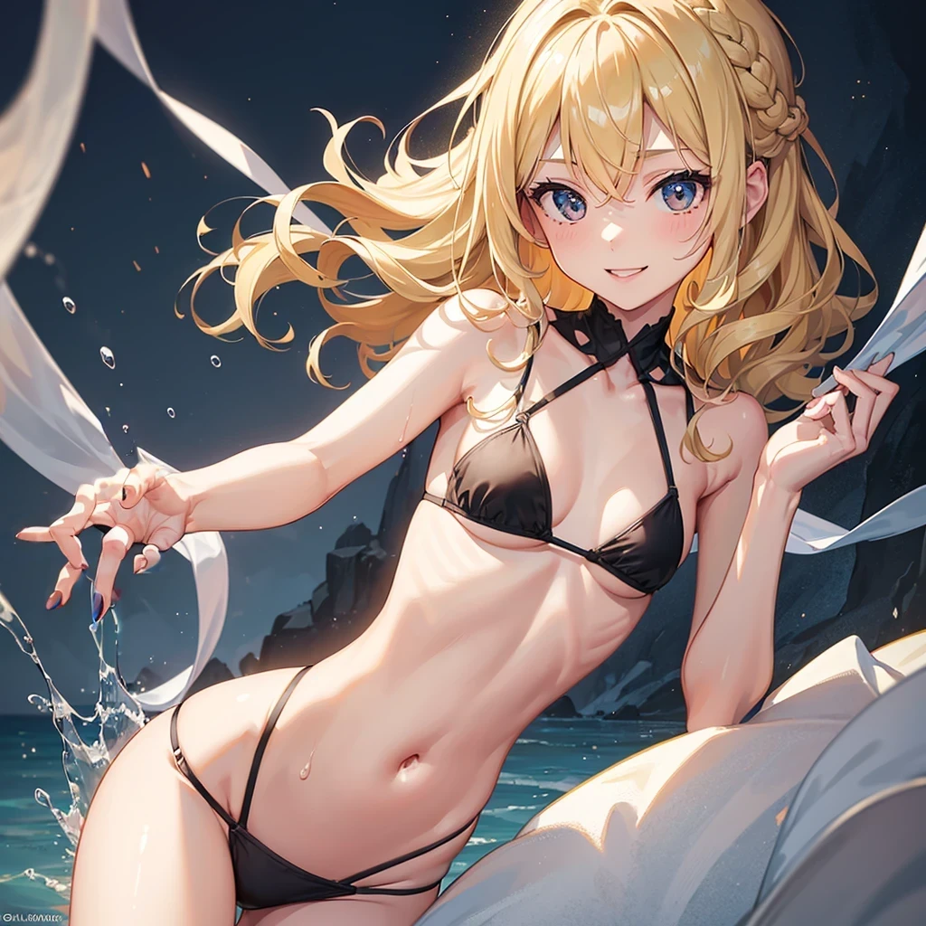 (8k, RAW photo, best quality,sophisticated detail, masterpiece:1.2), (extremely detailed 8k wallpaper),sharp focus, professional lighting, depth of field, cinematic lighting,blur background,BREAK (1girl:1.2),cute face,wet hair,blonde hair, curly hair,braid,slim and smooth lines,slim body,(seductive smile:1.2),Clothes worn by heroes in fantasy,golden ratio,leaning forward,(small breasts:1.4),