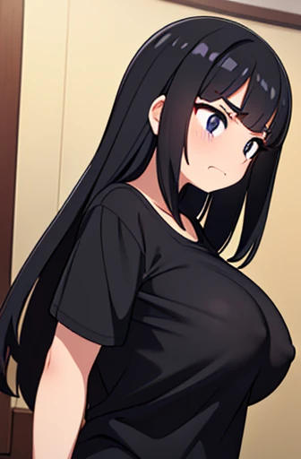 face,black eye,Dark Eyes,Black Hair,Long Hair,Troubled face,((Embarrassing)),Hot Face,(((Heavy breathing))), ((Big Breasts)),((Highest quality)),(1. Glowing Skin.4),((Side angle)),(masterpiece)、(1. Glowing Skin.1.4)((indoor))、((Wearing a normal T-shirt)) ,((No bra)),Nipples,