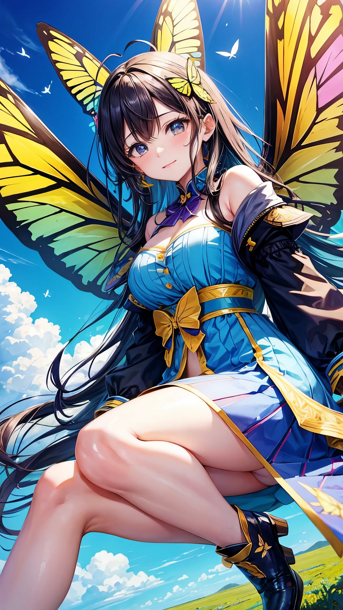 Large butterfly, colorful wings, Background blue sky、Flying high in the sky
