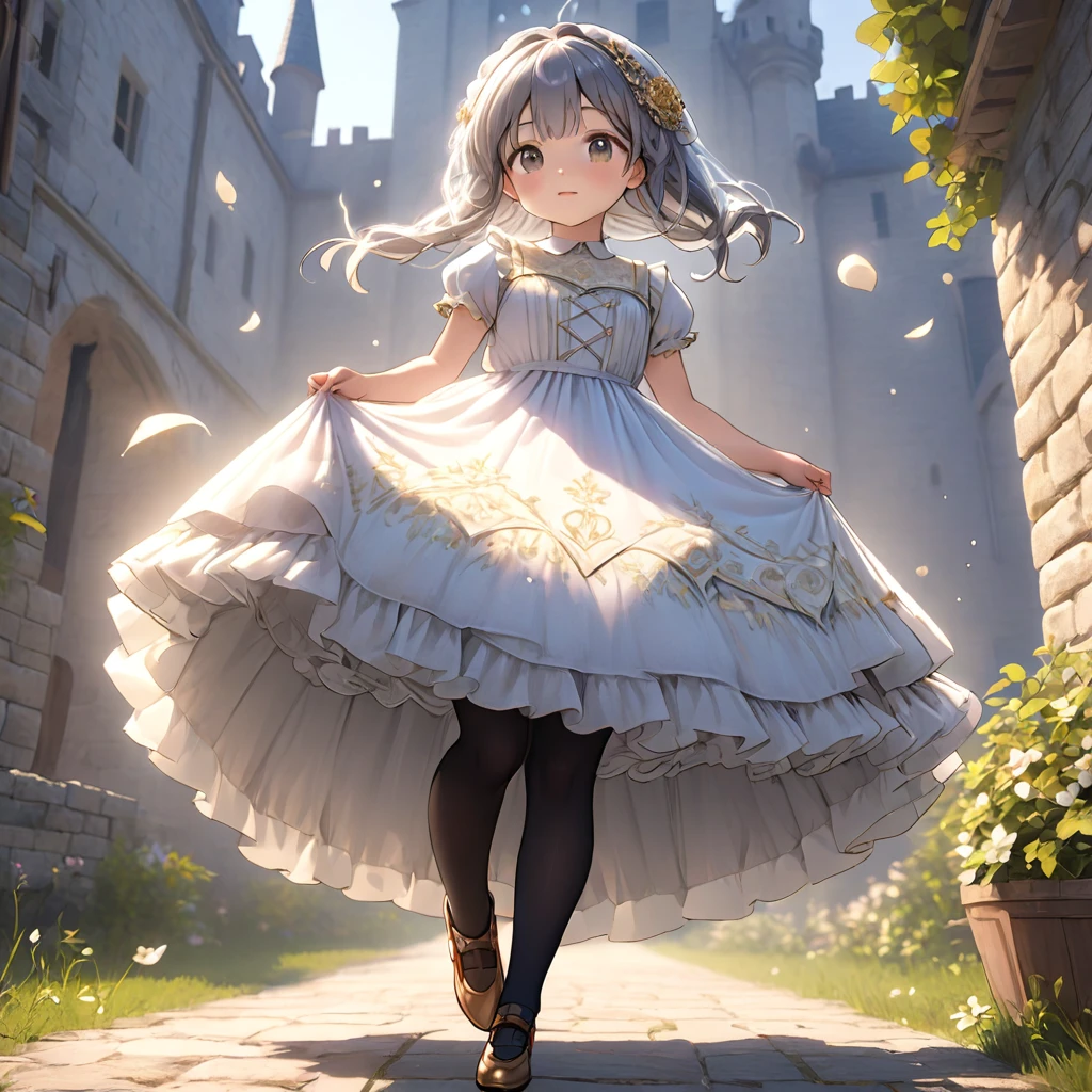 (Highly detailed CG Octane render 8k wallpaper), 8 year old girl underwear, You can see real bloomers made from cotton fabric.., With panniers, Medieval Translucent Dress, Fabric Realism, Low - Angle, Pull up the dress by hand, Strong winds, Translucent slip, Translucent slip, tights, Highest quality, whole body, I can see your thighs, Silver and gold embroidery, The dress is also embroidered.