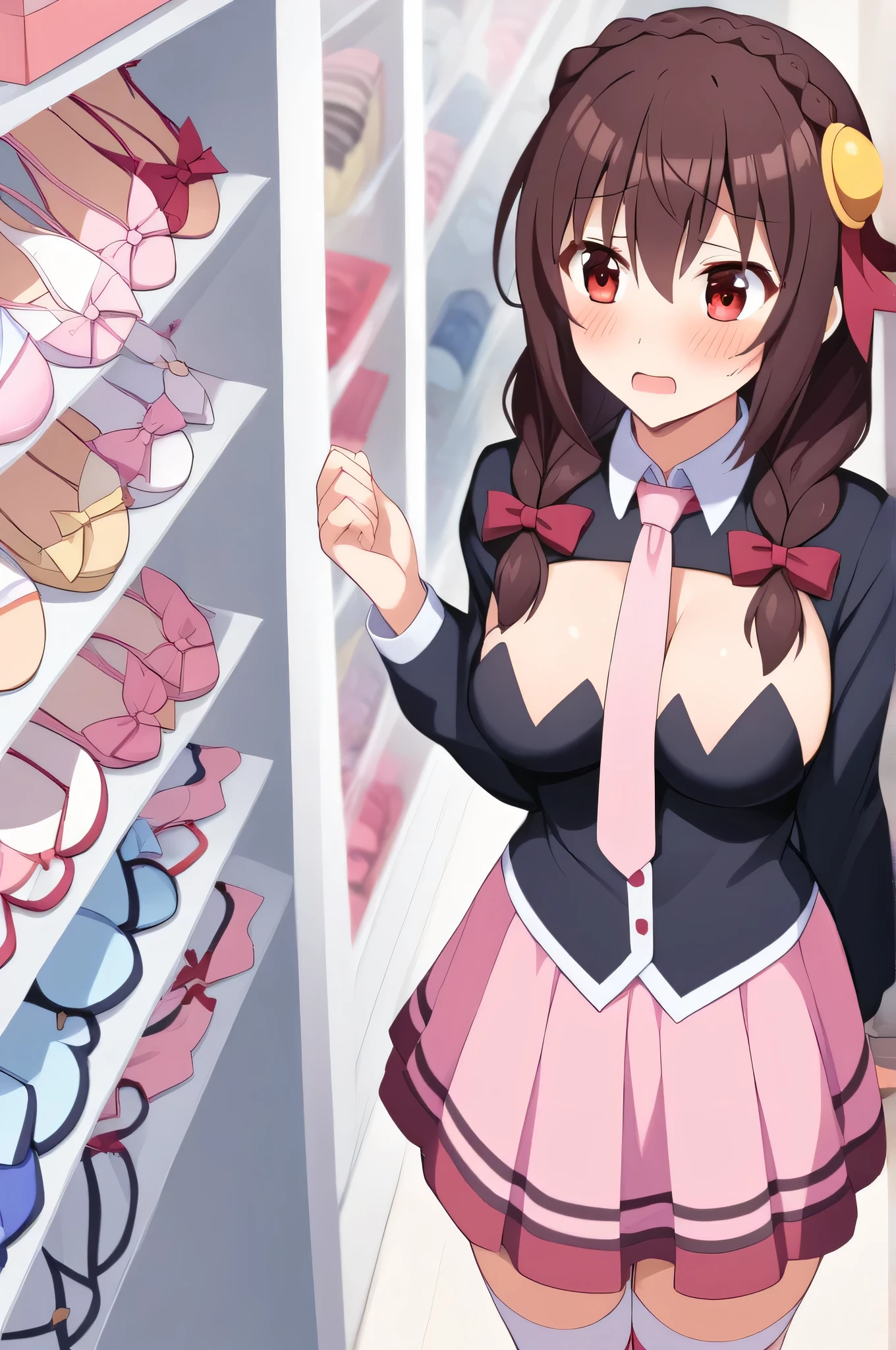 alone, One girl, Yunyun, (Troubled expression:1.2)、 (blush)、Crown braids of the same color as your hair, Red Eyes、hair ornaments, Hair Ribbon, Pink tie, Long sleeve, Pink Skirt, Knee socks, Cleavage, Choosing a bikini swimsuit at a shop