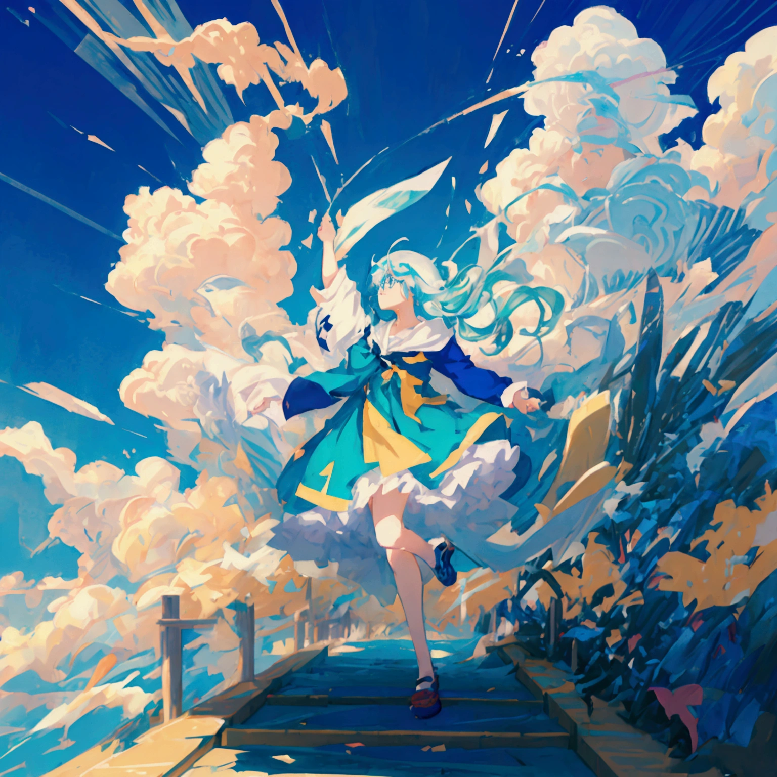 anime girl flying through the air with a blue and white dress with glasses, trending on artstation pixiv, splash art anime , zerochan art, pixiv contest winner, digital art on pixiv, guweiz on pixiv artstation, anime art wallpaper 8 k, clean detailed anime art, anime fantasy illustration, beautiful anime artwork, anime face, masterpiece, high quality, detailed face, realistic skin