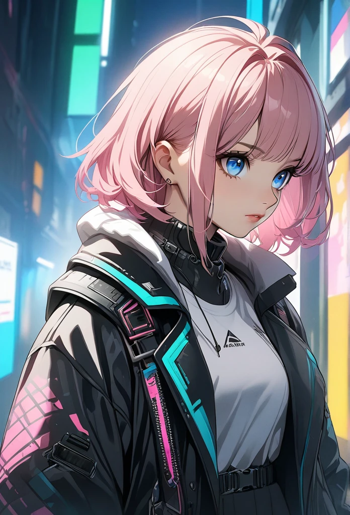 woman, Realistic characters, Green hair and pink hair, blue eyes, anime, alone, Modern, cyber punk