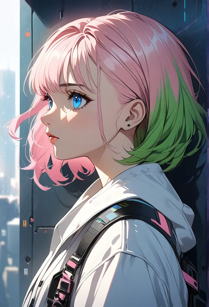woman, Realistic characters, Green hair and pink hair, blue eyes, anime, alone, Modern, cyber punk