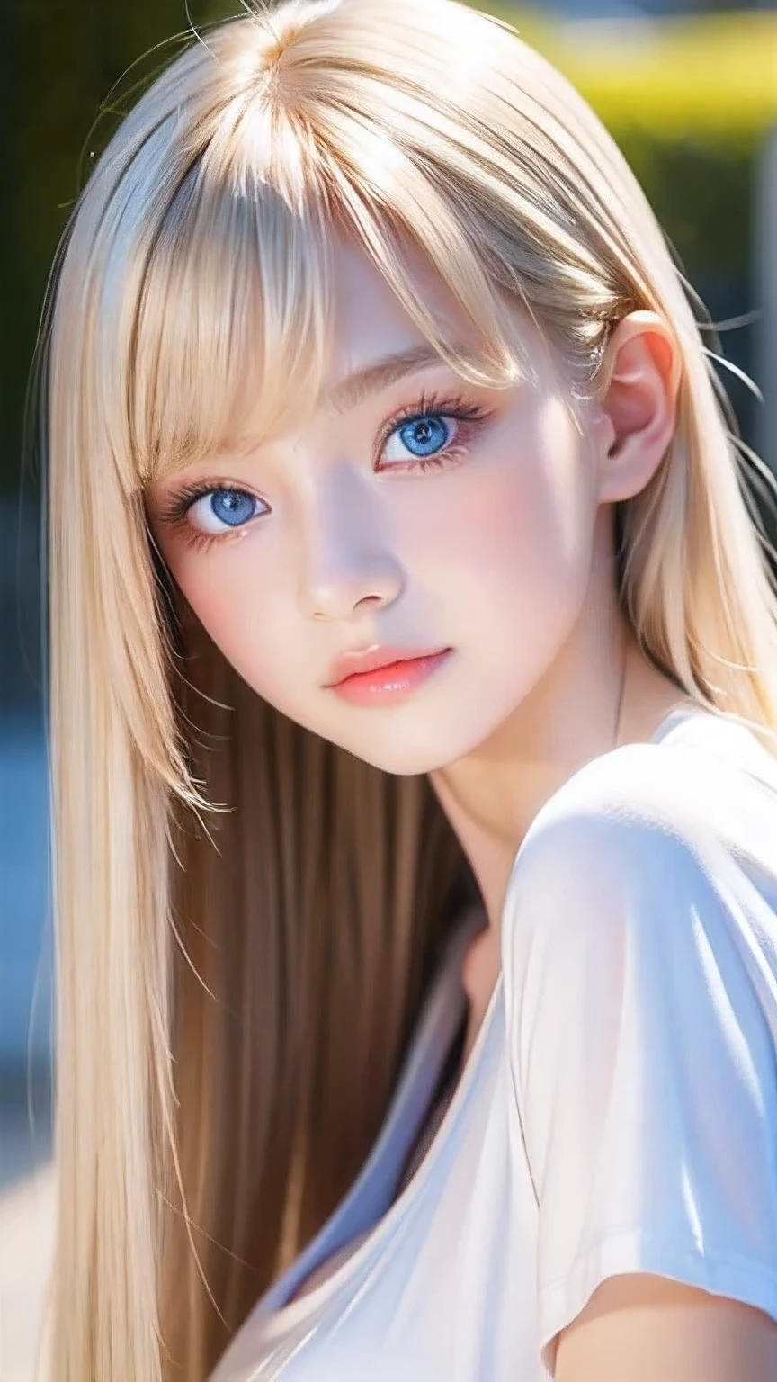 Unparalleled beauty, Extremely white, firm and lustrous skin, Bangs between the eyes, Bangs over both eyes、Beautiful shiny, straight, natural platinum blonde, Super long, straight, silky, beautiful blonde hair, eyeliner, A truly beautiful girl、Sexy beautiful innocent , Beautiful, large, light blue eyes that sparkle like jewels., Beautiful and lovely girl, Baby Face, Short sleeve shirt、Large bust、Small Face Beauty、Round face、Cheek highlighter