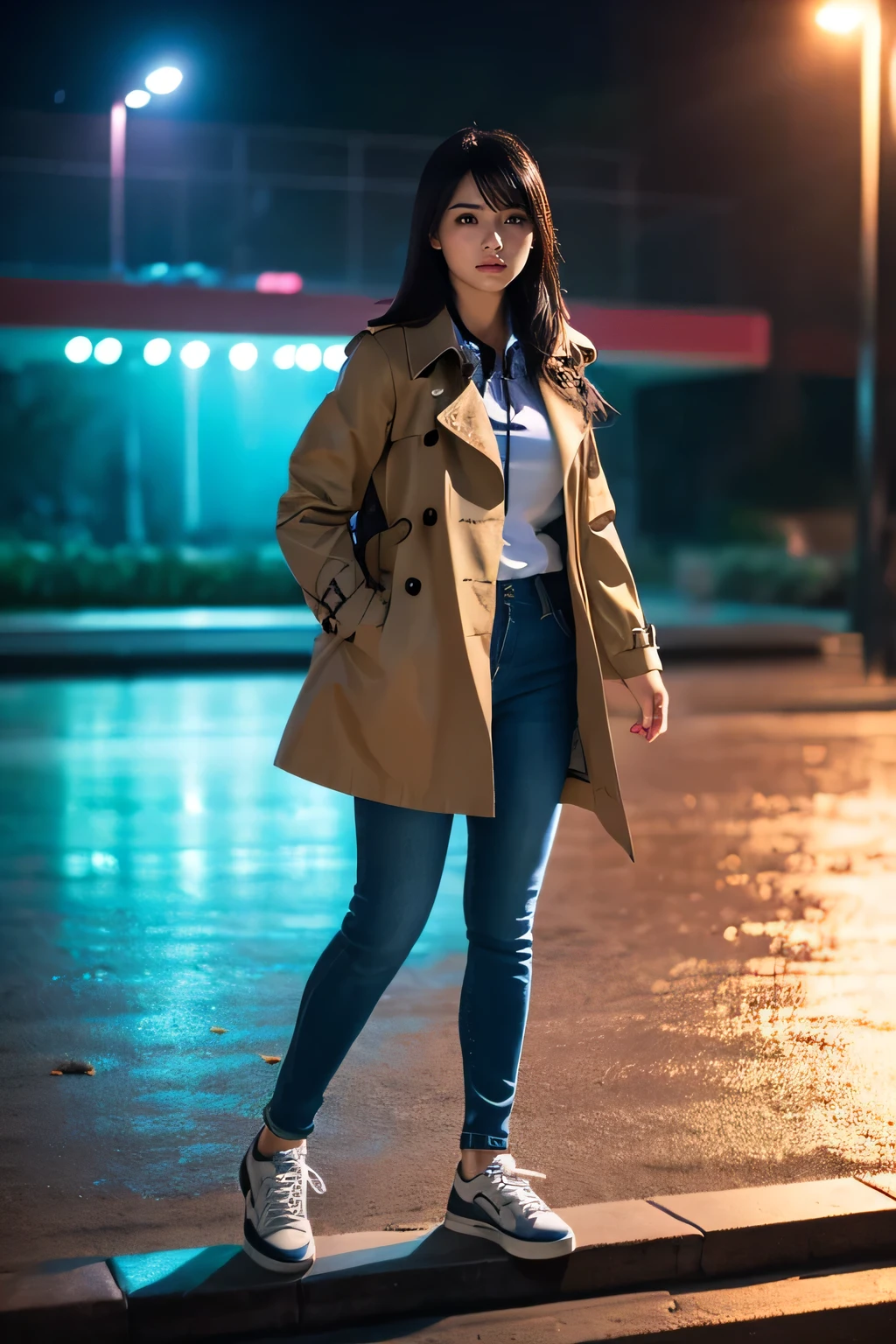 (Tabletop,high quality,16K:1.1),(Written boundary depth:1.3) ,((Full body photo)),smile、Black Hair、Standing woman、trench coat、shirt、Skinny jeans、sneakers、Background is a park at night,(View your audience:1.3),(Full Body Shot:1.2),,