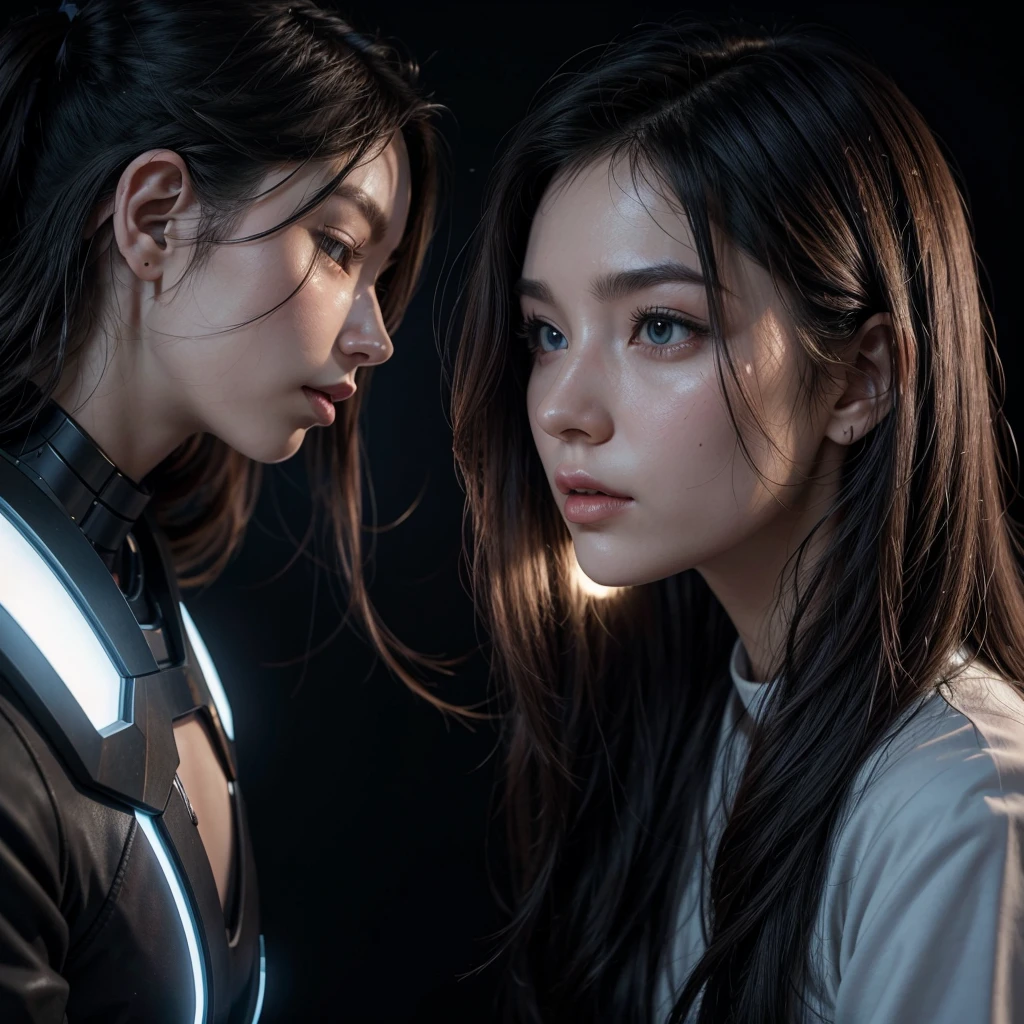 create a half human woman, half robot, profile pic