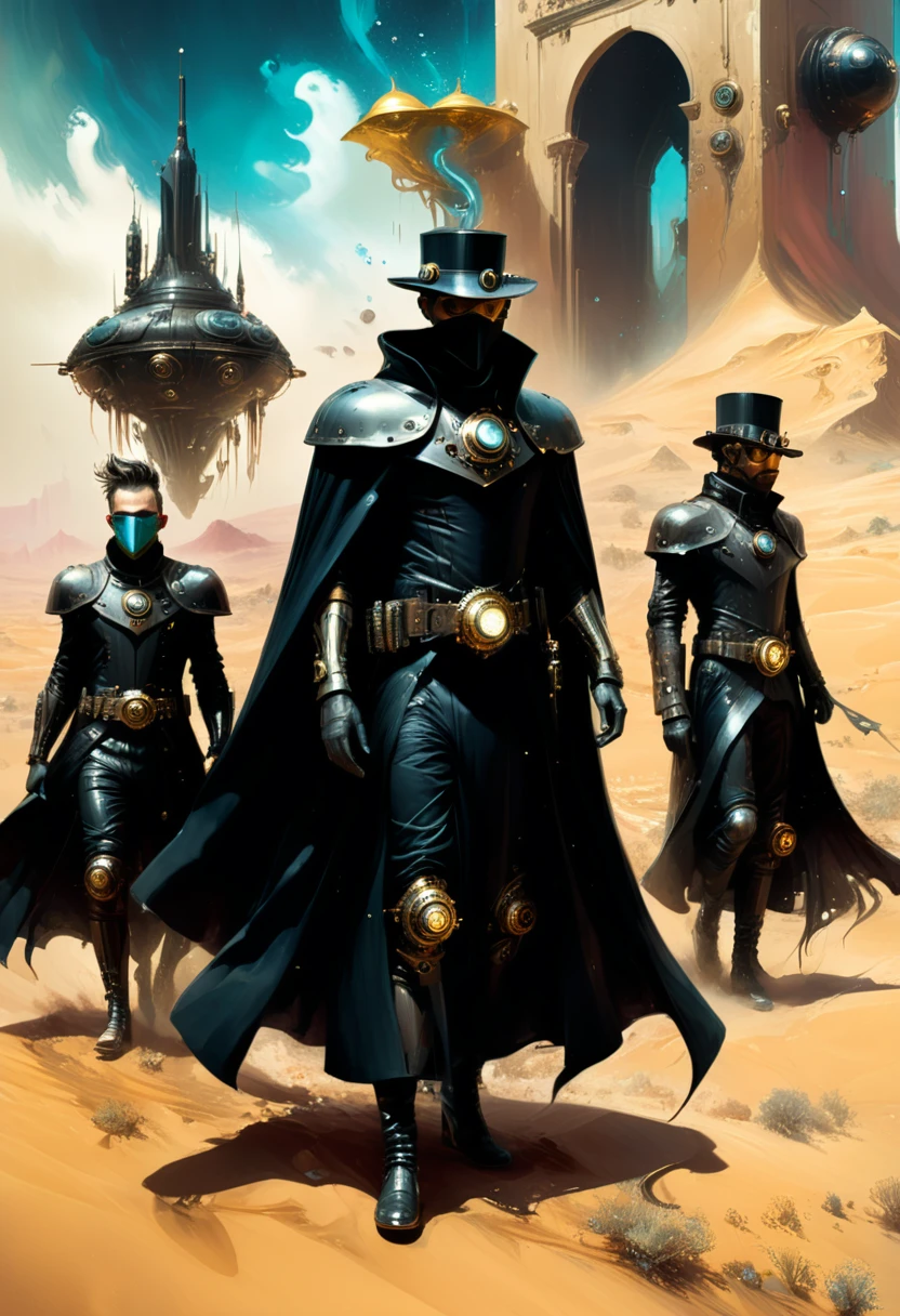 Pixelart por Jeremy Mann, charachter, man in black cape and steampunk vaporpunk costumes, mask, 4D high relief texture painting, 8k, 4D, futuristic vintage, ornate desert, full body view, photorealism, abstract impressionism