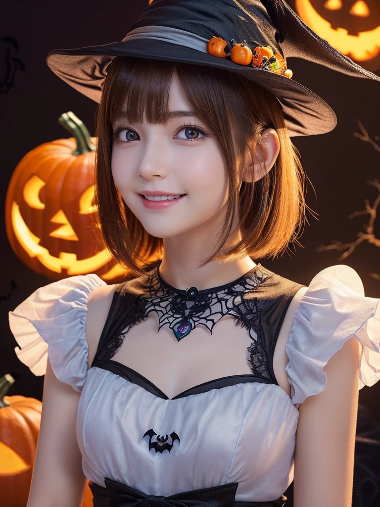 ((from below,upper body),A 25 years old girl, detailed cutie face, beautiful detailed eyes, detailed dropped eyes, left and right eyes are equal,beautiful charming big smile, extremely detailed face,slender body,short hair,anime style, (halloween costume):2.0), Highres fix,colorful lights, pumpkin decorations, haunted house, best quality, 4k, highres, masterpiece, realistic, photorealistic, photo-realistic, vivid colors, intricate details, fantasy, soft lighting, magicalhat
