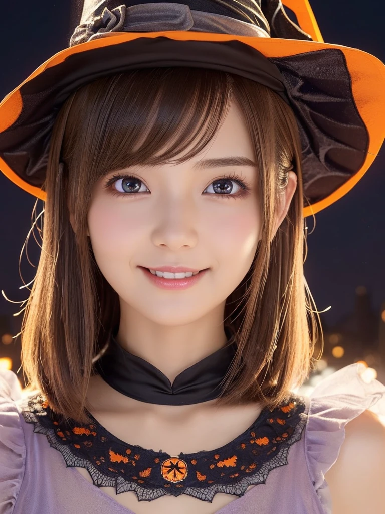 ((from below,upper body),A 25 years old girl, detailed cutie face, beautiful detailed eyes, detailed dropped eyes, left and right eyes are equal,beautiful charming big smile, extremely detailed face,slender body,short hair,anime style, (halloween costume):2.0), Highres fix,colorful lights, pumpkin decorations, haunted house, best quality, 4k, highres, masterpiece, realistic, photorealistic, photo-realistic, vivid colors, intricate details, fantasy, soft lighting, magicalhat