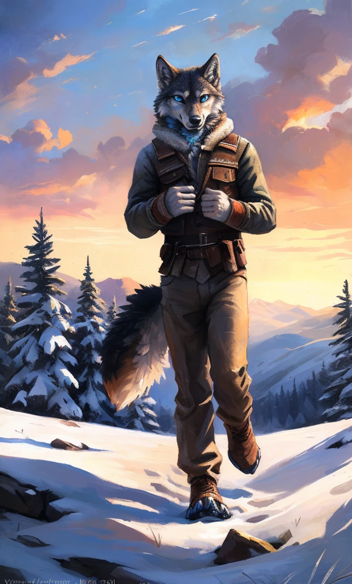 ((Solo)), male people, anthro wolf, (Multi-colored fur, White-brown:1.3,White tail pointed), (Height 2.1m,Tail length 1.2m), ((Wolf face, Big eyes, White eyelids, Blue pupil, Slim:1.2) (Tough, Calm expression:1.2)), Slim, pinging)), (Correct anatomy), (Winter clothing:1.1), The upper body naked, (detailed outfits),A long big tail,Feet,(Realistic fur, Detailed fur texture, labeled:1.3)), (Natural lighting), Photorealistic, Hyperrealistic, ultradetailed, by Kenket,Snowfield,erect through,Running on