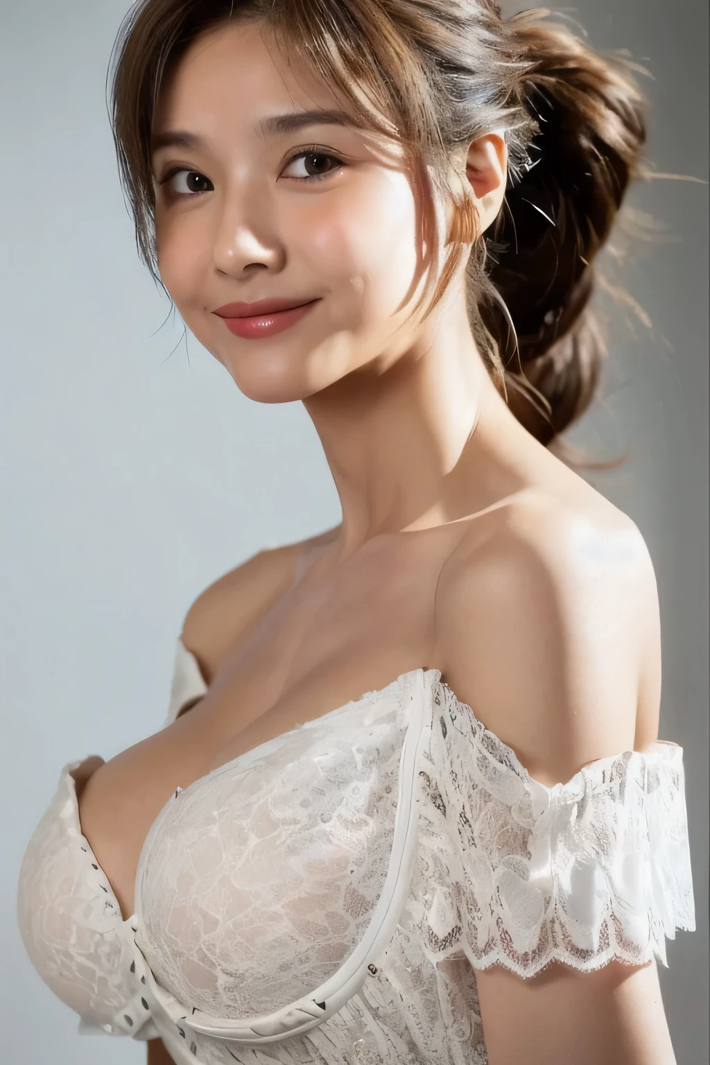 ((Highest quality, 8k, masterpiece: 1.3)), sharp: 1.2, Perfect Body Beauty: 1.6, ((Layered Hairstyles, Big Breasts: 2.0)), (white lace dress: 2.0, Off-the-shoulder dress: 2.0, Dresses with visible breasts: 2.0), (deformed breasts: 2.0), ((long hair: 2.0)), ((necklace)), Earrings, ring, Bracelet, Hair Accessories, ((Beautiful young teenager woman)), ((Straight nose)), (Eyeliner), Armpit Hair, Bristles, ((White and beautiful skin)), Wavy Hair, Beautiful attention to detail, Super detailed, Highly detailed face and skin texture, fine grain, double eyelid, Black Hair, Big Ass, Lower Body, Thighs, (((Skinny))), Wet and shiny lips, smile, Get a grip on your body, ((Anatomically correct human body)), ((Crisp body shape)), Ribs, clavicle, Protruding skeleton, A face without nasolabial folds, Shyness, Thin eyebrows, Big eyes, (shoot from side: 1.0), (Narrow shoulders: 2.0), (Smile: 1.0)