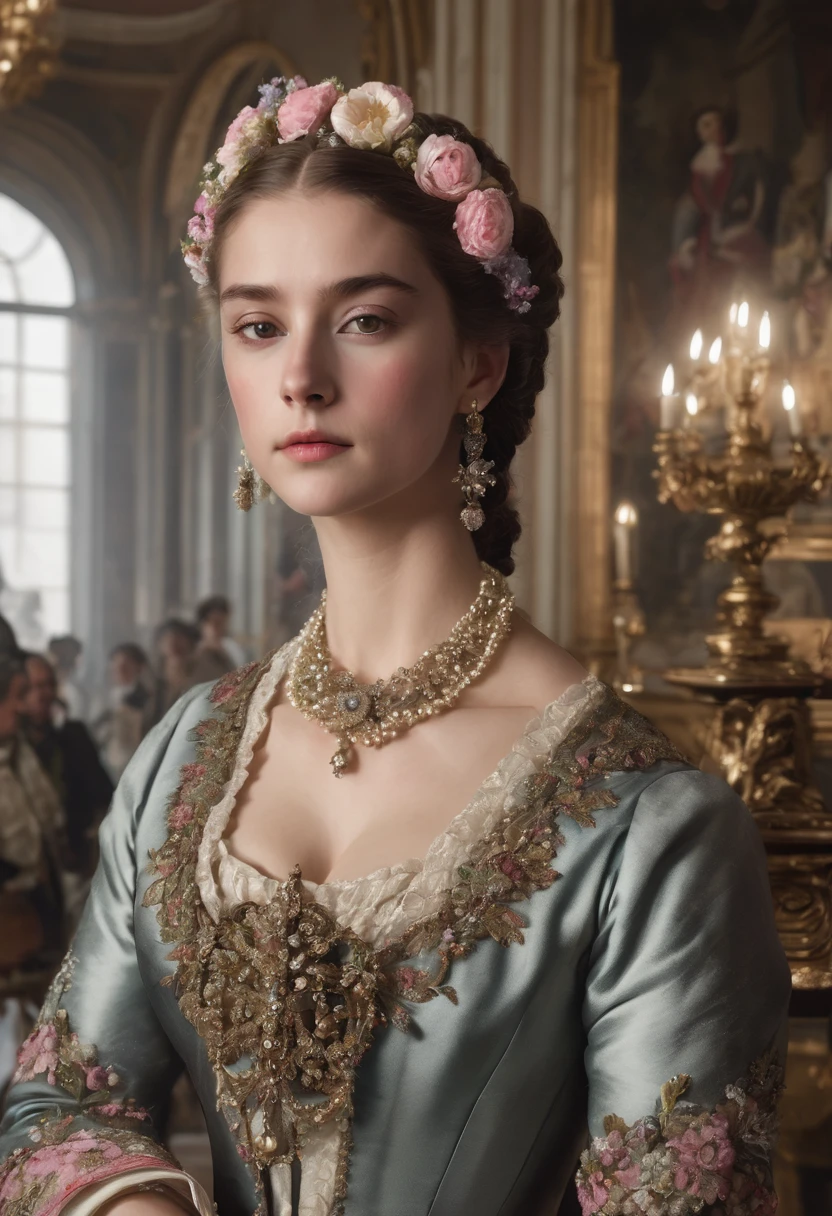 Create an image of a young noblewoman, adorned with antique jewelry and dressed in elegant clothes, stands in a hall decorated with flowers. She looks at the camera with a pensive expression, reflecting on a forbidden love in the 18th century.