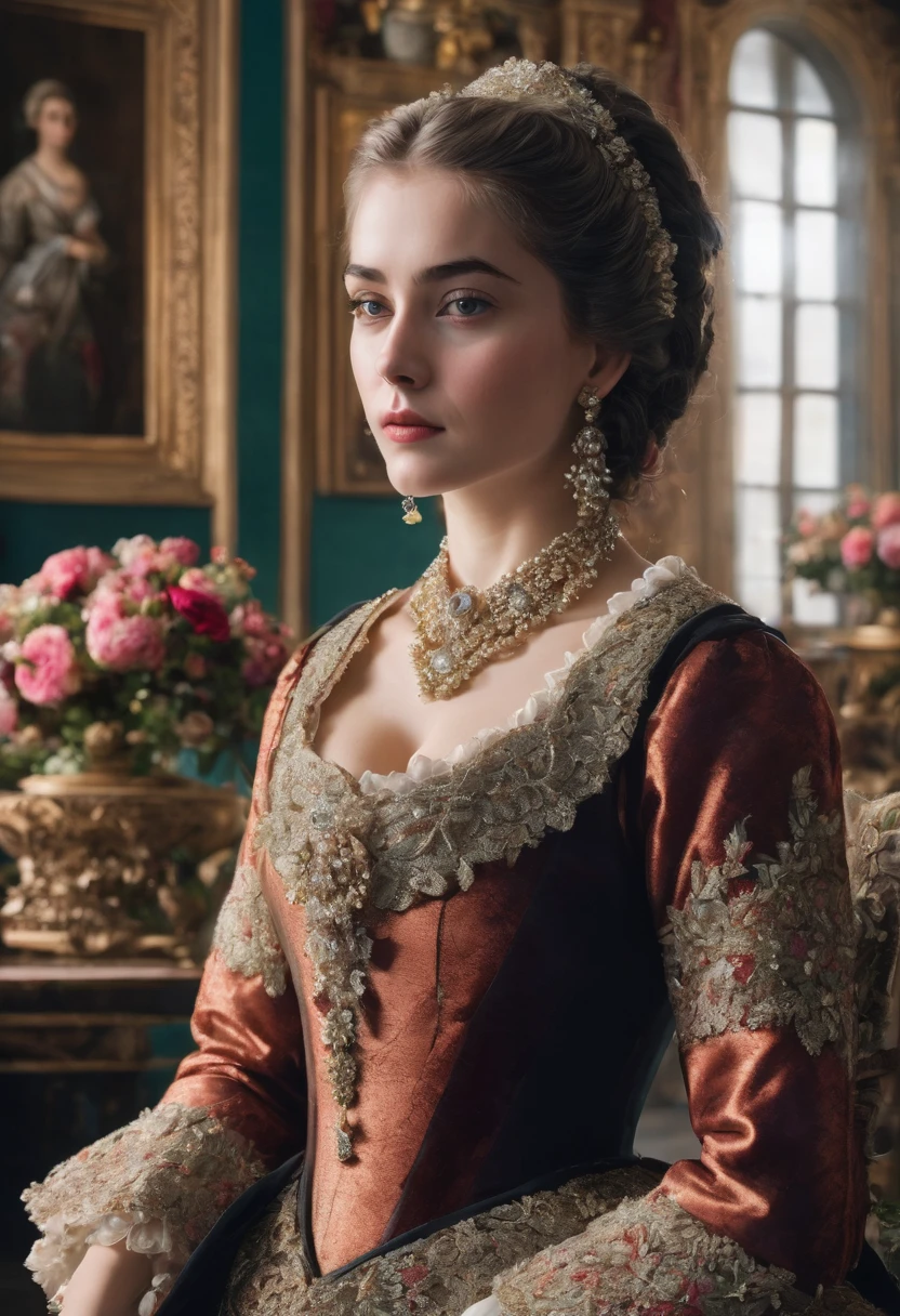 Create an image of a young noblewoman, adorned with antique jewelry and dressed in elegant clothes, stands in a hall decorated with flowers. She looks at the camera with a pensive expression, reflecting on a forbidden love in the 18th century.