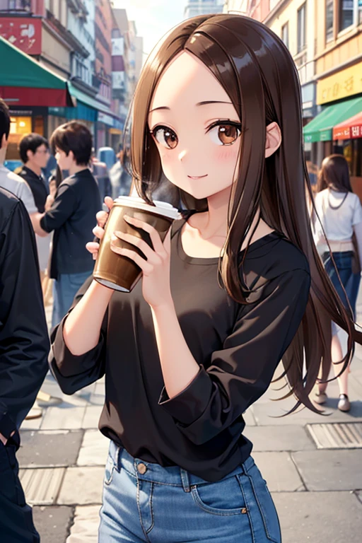 Takagi-san、Shiny brown hair, Straight Long Hair,((Medium chest、Forehead、Center part))、 美しいBrown eyes、smile、Sparkling eyes, (fine grain)、Very fine eye、Highly detailed face, Highly detailed eyes, Cowboy Shot、 


((High resolution)), ((Lighting and color)), ((masterpiece)), ((Brown eyes)), ((Drinking coffee)), Wavy chestnut hair, The wind blew it away and it got a little messy., A building on a vibrant urban street々Standing. 
She wears a loose black cotton shirt that accentuates her natural elegance., Pair it with grey denim shorts for a casual look.. She is in a delicate pose, 自信に満ちたsmile, tilt your body slightly. Modern skyscrapers are mixed in the background., Quaint café, Bustling pedestrians. The soft sunlight gently illuminates her face, In the hustle and bustle of the city、Give off a warm glow、Emphasizing her presence。."