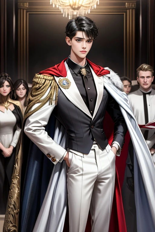 masterpiece, 最high quality, high quality, 1 boy, alone, Male focus, Watching the audience, Messy black hair, Adorable big blue eyes, White, Noble, Noble,A sexy, voluminous, puffy cape、tuxedo、A very voluminous, large, very large, very large, long, long red and black cape with a high stand-up collar, made of a lot of fabric that reaches down to the floor., 17 years old,Cute beautiful boys,Cute, cute, kind, handsome guy