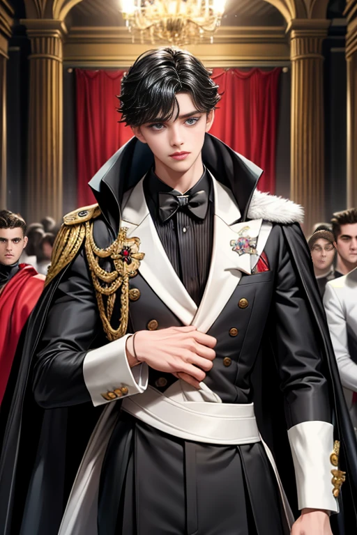 masterpiece, 最high quality, high quality, 1 boy, alone, Male focus, Watching the audience, Messy black hair, Adorable big blue eyes, White, Noble, Noble,A sexy, voluminous, puffy cape、tuxedo、A very voluminous, large, very large, very large, long, long red and black cape with a high stand-up collar, made of a lot of fabric that reaches down to the floor., 17 years old,Cute beautiful boys,Cute, cute, kind, handsome guy