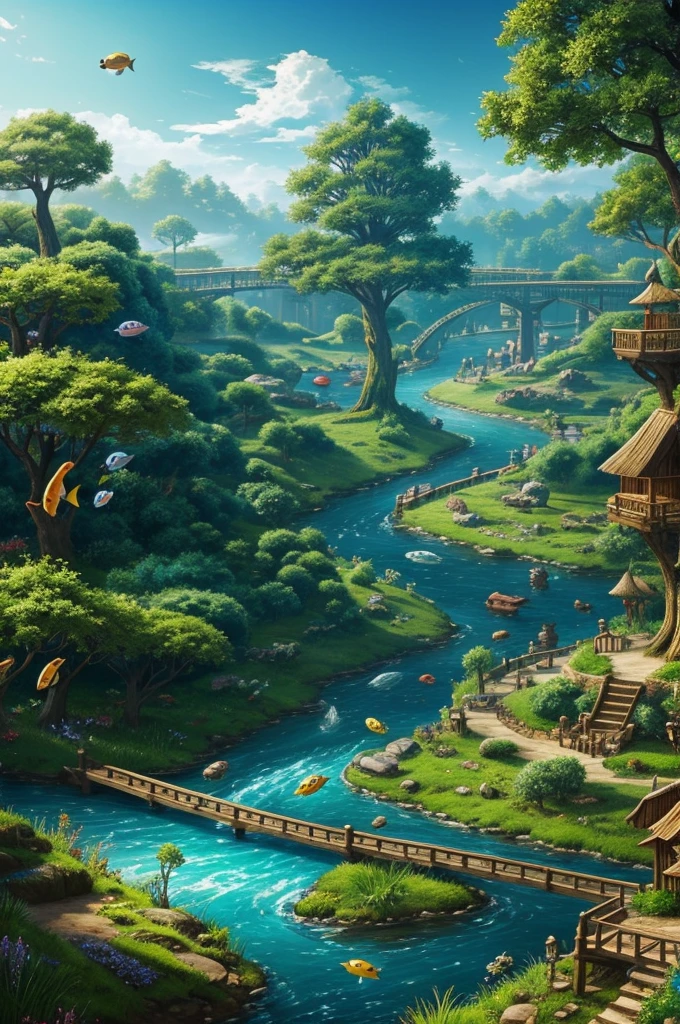 Fantasy world with giant Tree and river with fishes