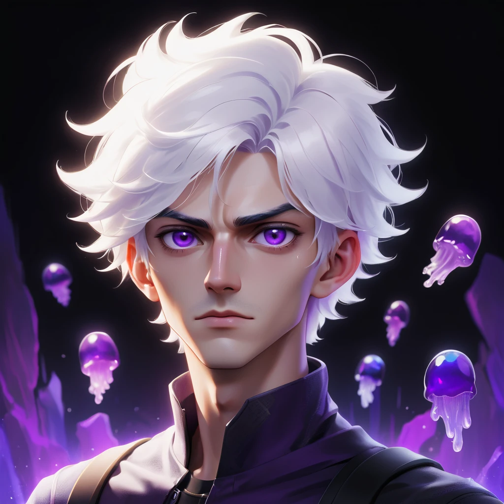 work of art,absurderes,best qualityer,standing alone,1 boy,male focus,jelly portrait,2d,アニメ,White hair, purples eyes,looking at camera, masculine face,eye scar]