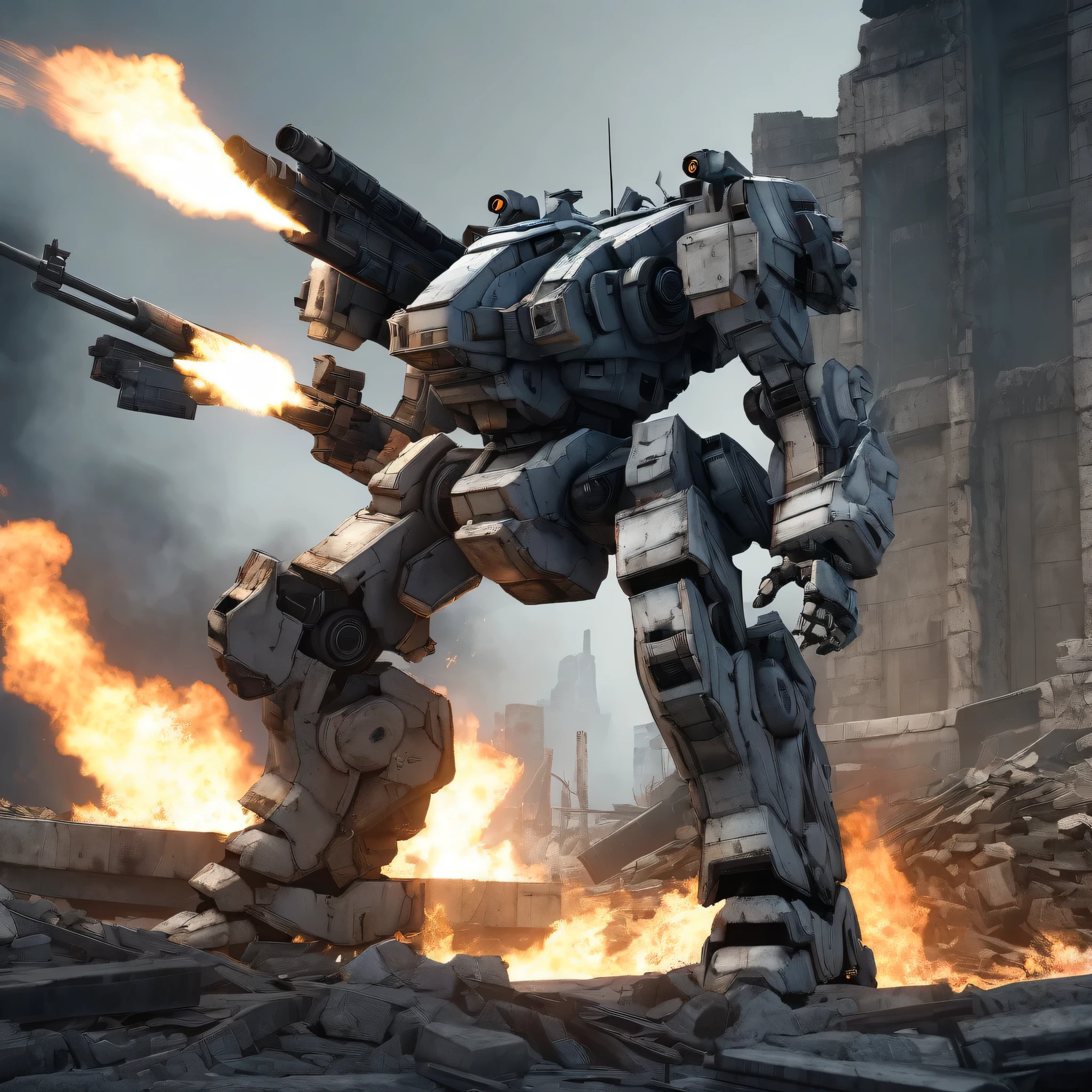 game cg, 8K, armored core style, huge robot, one on knee, rifle shooting, on ruins. fire,