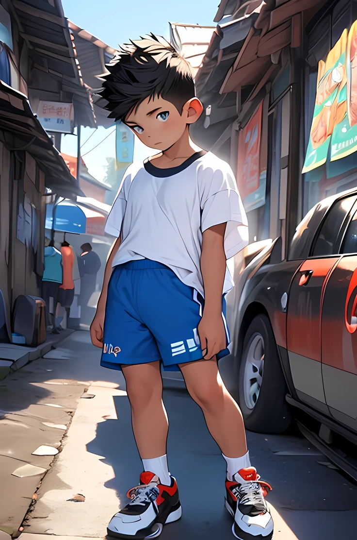 (Shota:1.5),(((Highest quality))),(((masterpiece))),(((Very detailed))),(((High resolution))),T-Shirts,Short shorts,White socks,Blue sneakers,,Japanese,Spiked Hair,Black Hair,blue eyes,Baby Face,Beautiful face,whole body,Manga style,Anime Style