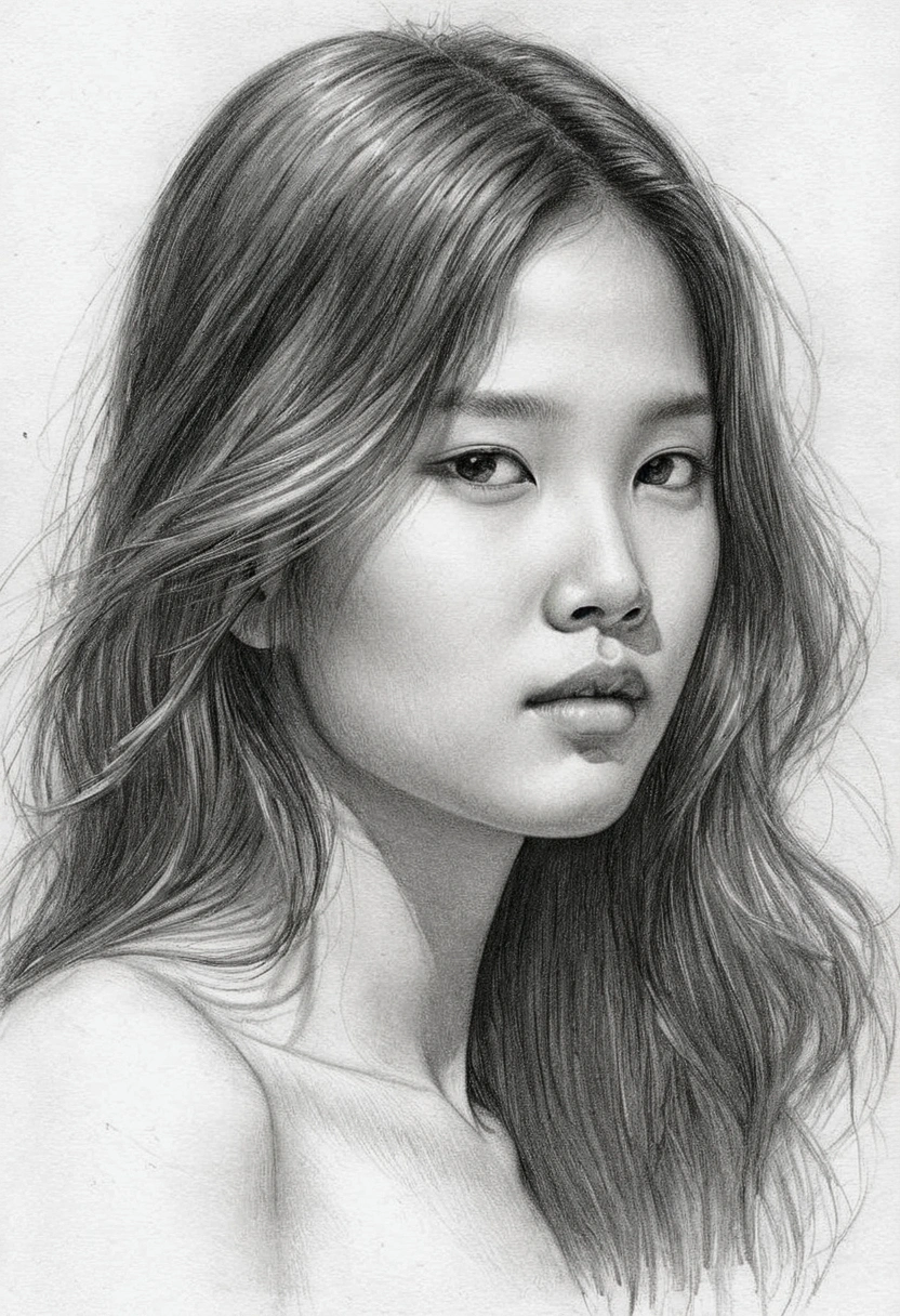 A delicate, graphite sketch shows a naked beautiful Thai, her features rendered in subtle shading and precise lines. The framing is tight, focusing attention on the subject's sweet face. Soft, feathery strokes convey the gentle texture of her long hair, while the delicate curve of her neck is emphasized by the pencil's softness. The overall mood is contemplative, as if the woman is lost in thought.