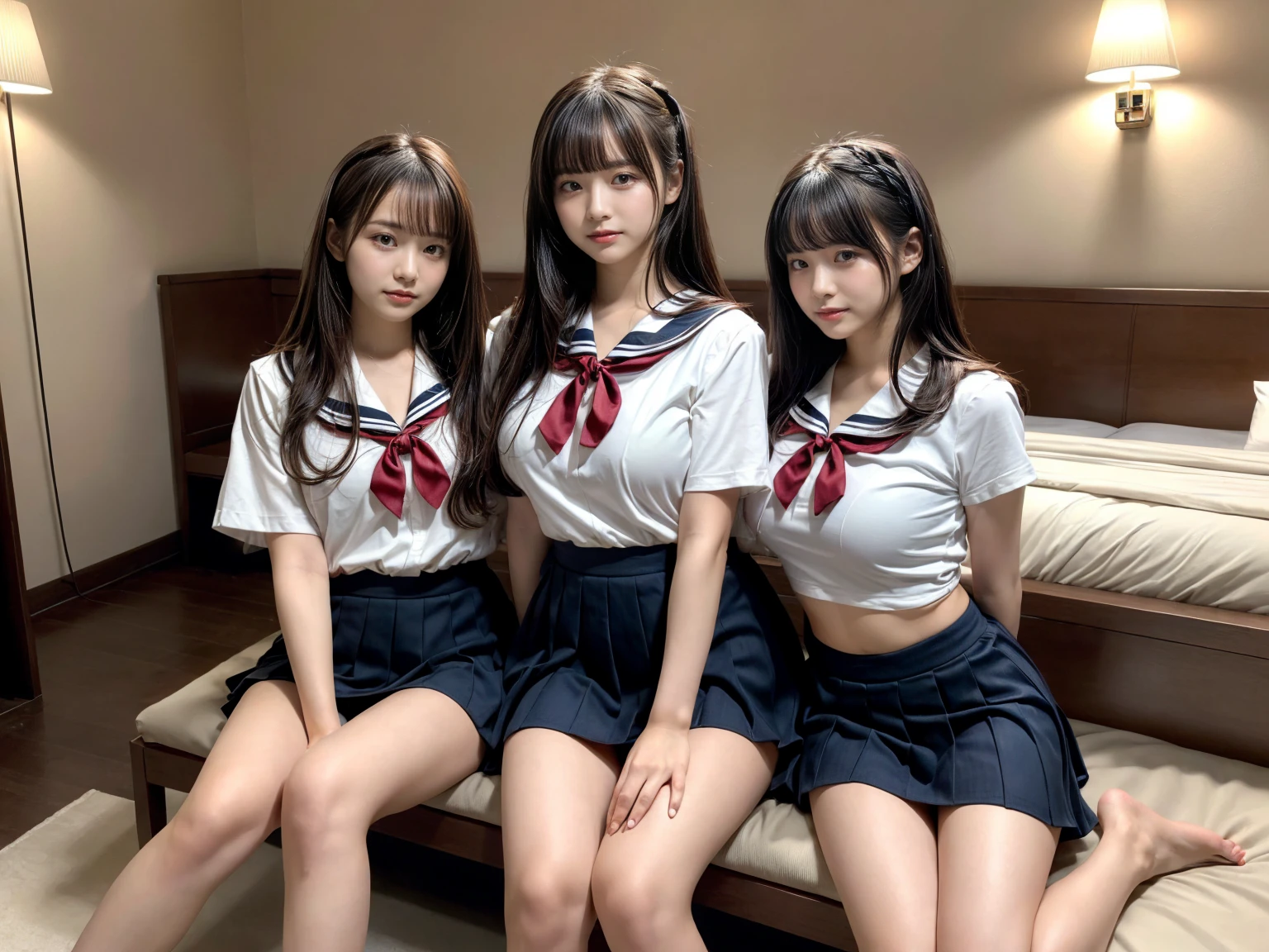 masterpiece, best quality, illustration, Super detailed, fine details, High resolution, 8K,wall paper, perfect dynamic composition,(Details High quality, realistic depiction of eyes:1.3), (3 girls), Black Sailor Uniform, serafuku, Navy pleated skirt, sitting, open legs, short bob hair, in a hotel room in the background, deep on field, large breasts, black hair color, Big Natural Color Lip, (perfect body shape), crying a little、Harajuku style、20 year old girl、cute type、beautiful legs, Gravure Idol