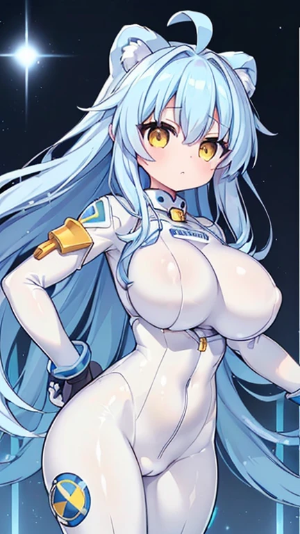 Highest quality、4K quality、(((Hyper-dimensional game Neptune、One Girl、、Long Hair、Light blue hair、Bright hair color、Long sideburns、Messy hair、Ahoge、Long bangs between the eyebrows、Long back hair、Large amount of hair、Bears Ears、Yellow Eyes)))、(((99式Guard Reinforcement Equipment、Guard Reinforcement Equipment、White bodysuit、Shiny bodysuit、Shiny bodysuit、Mechanical Bodysuit、A bodysuit that falls apart、Exposing one's private parts、Mechanical Bodysuit)))、(((blush、Panting、Embarrassing、Climax、Ahegt your teeth)))