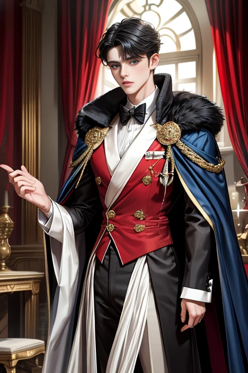 masterpiece, 最high quality, high quality, 1 boy, alone, Male focus, Watching the audience, Messy black hair, Adorable big blue eyes, White, Noble, Noble,A sexy, voluminous, puffy cape、tuxedo、A very voluminous, large, very large, very large, long, long red and black cape with a high stand-up collar, made of a lot of fabric that reaches down to the floor., 17 years old,Cute beautiful boys,Cute, cute, kind, handsome guy