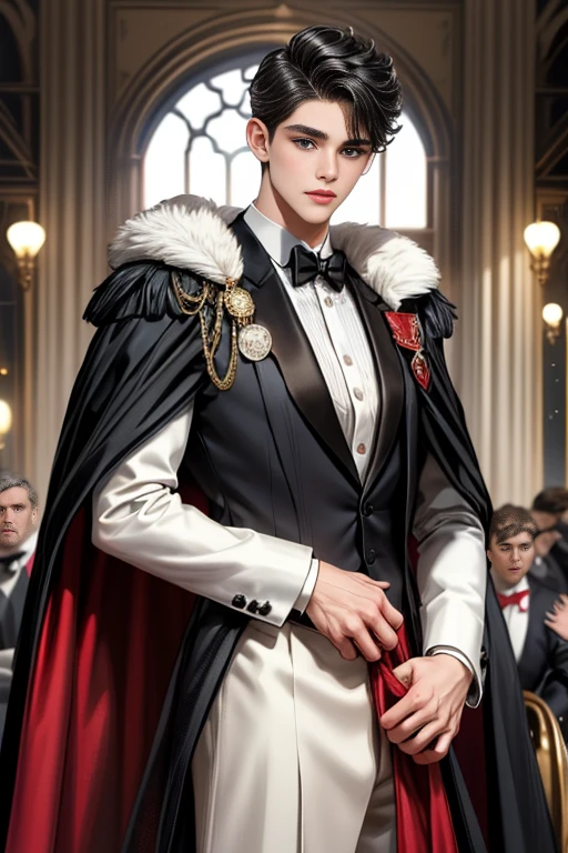 masterpiece, 最high quality, high quality, 1 boy, alone, Male focus, Watching the audience, Messy black hair, Adorable big blue eyes, White, Noble, Noble,A sexy, voluminous, puffy cape、tuxedo、A very voluminous, large, very large, very large, long, long red and black cape with a high stand-up collar, made of a lot of fabric that reaches down to the floor., 17 years old,Cute beautiful boys,Cute, cute, kind, handsome guy
