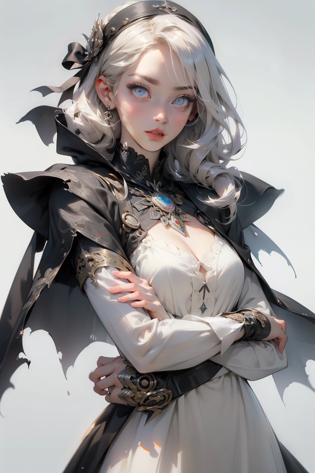 ((best quality)), ((masterpiece)), (detailed), perfect face, hand drawn style, hand painted style, watercolour, sketch, a knight, white background, plain background, Bloodborne inspired, tatty Bloodborne attire, occult aesthetic, occult, tatty red and white clothing detailed and intricate steampunk and detailed gothic ta (with a hood), diadems, long coat, Complex laced boots, Fluttering lace flared long knee length dress with frilly petticoats, long dress, knee length dress, pleated petticoats, loliress, petticoats gothic lolita, tiful small breasts, (((( Highly detailed face))), small thin nose, Small thin lips mouth, (((Very sharp focused eyes))), Very large slit precision pale grey eyes that shine like jewels. very long eyelashes, Silver hair swaying in the wind, Emitting a dazzling light in a mandala pattern, white background, Very dramatic and cinematic lighting, tatty damaged old red and white clothing, full body, whole body, body, cosmic horror, grim dark