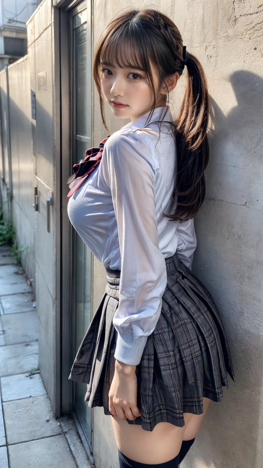 masterpiece, best quality, illustration, Super detailed, fine details, High resolution, 8K,wall paper, perfect dynamic composition,(Details High quality, realistic depiction of eyes:1.3), short hair, (wavy hair:1.2), (Ruffled shirt、)(Checked mini skirt、red、black、), pony tail hair, huge breasts, black hair color, Big Natural Color Lip, bold sexy pose, crying a little、little smile, Harajuku style、20 year old girl、cute type、ta、beautiful legs, hotel room, full body photo、focus on crotch, hposing Gravure Idol, Sexy shot looking at camera, Sunset, by the window, Summer, knee sox, make up, Curve