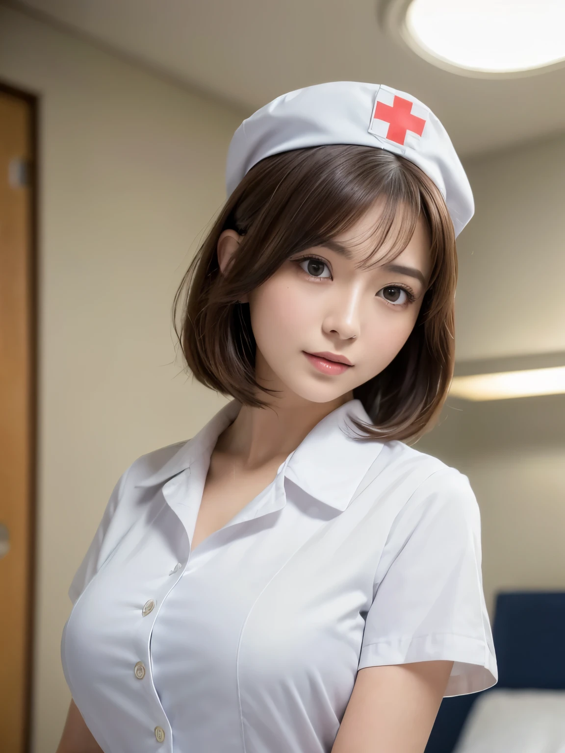 (Highest quality, 8k, 32K, masterpiece, Hmm.:1.2),Beautiful Japanese Women Photos, 1 girl, (Medium short dark brown hair), (Big Breasts), double eyelid, White nurse uniform, Little white nurse (cap), White shirt, Open shirt, hospital, hospital room, Upper Body, sexy