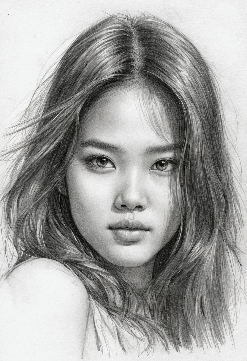 A delicate, graphite sketch shows a naked beautiful Thai, her features rendered in subtle shading and precise lines. The framing is tight, focusing attention on the subject's sweet face, big eyes, thick and long eyebrow. Soft, feathery strokes convey the gentle texture of her long hair, while the delicate curve of her neck is emphasized by the pencil's softness. The overall mood is contemplative, as if the woman is lost in thought.