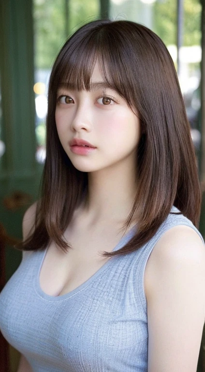 ((Highest quality、8k、masterpiece:1.3))、detailed 女性:1.3、(Medium Hair、Huge boobs:1.3)、Small camisole、Clothes that accentuate the bust、Open-chested clothing、Skin-revealing clothing、Light clothing、超detailed、detailed、eyelid、Summer vacation、Cafe