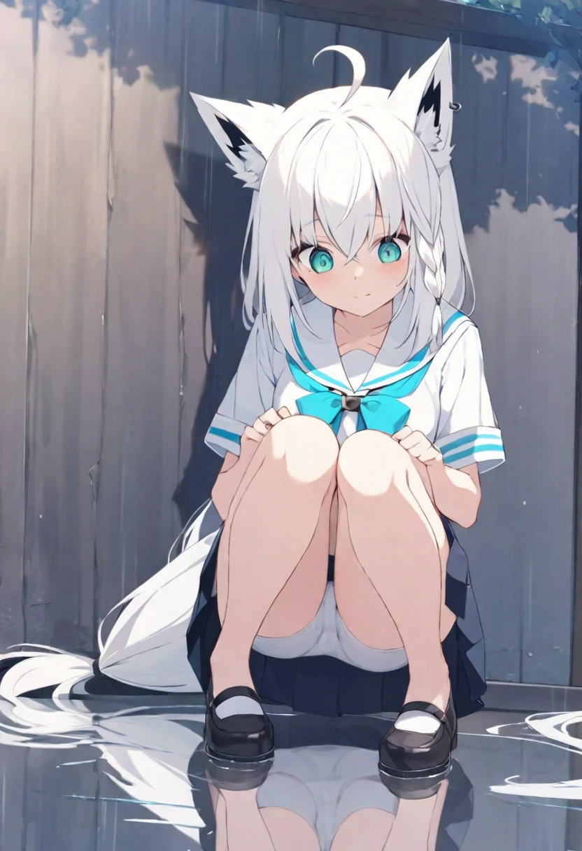 (muste piece), (best quality), (score_9, score_8_up, score_7_up), very detailed eyes, expressive eyes, perfect face, very detailed face, highly detailed face, beautiful girl, 8K, beautiful girl, delicate and beautiful face and eyes, dark intense shadow, 1 girl, vtuber style, cool girl, hololive, vtuber, Shirakami Fubuki, fubuki, white hair, single side braid, ahoge, piercing, fox tail, low-tied long hair, Japanese student sailor uniform, short sleeves, pleated Skirt, miniskirt, light green underpants, cameltoe, small chest, (full body), cloudy day, rainy Day, holding an umbrella, look down, squatting, knees together feet apart, reflection in water,