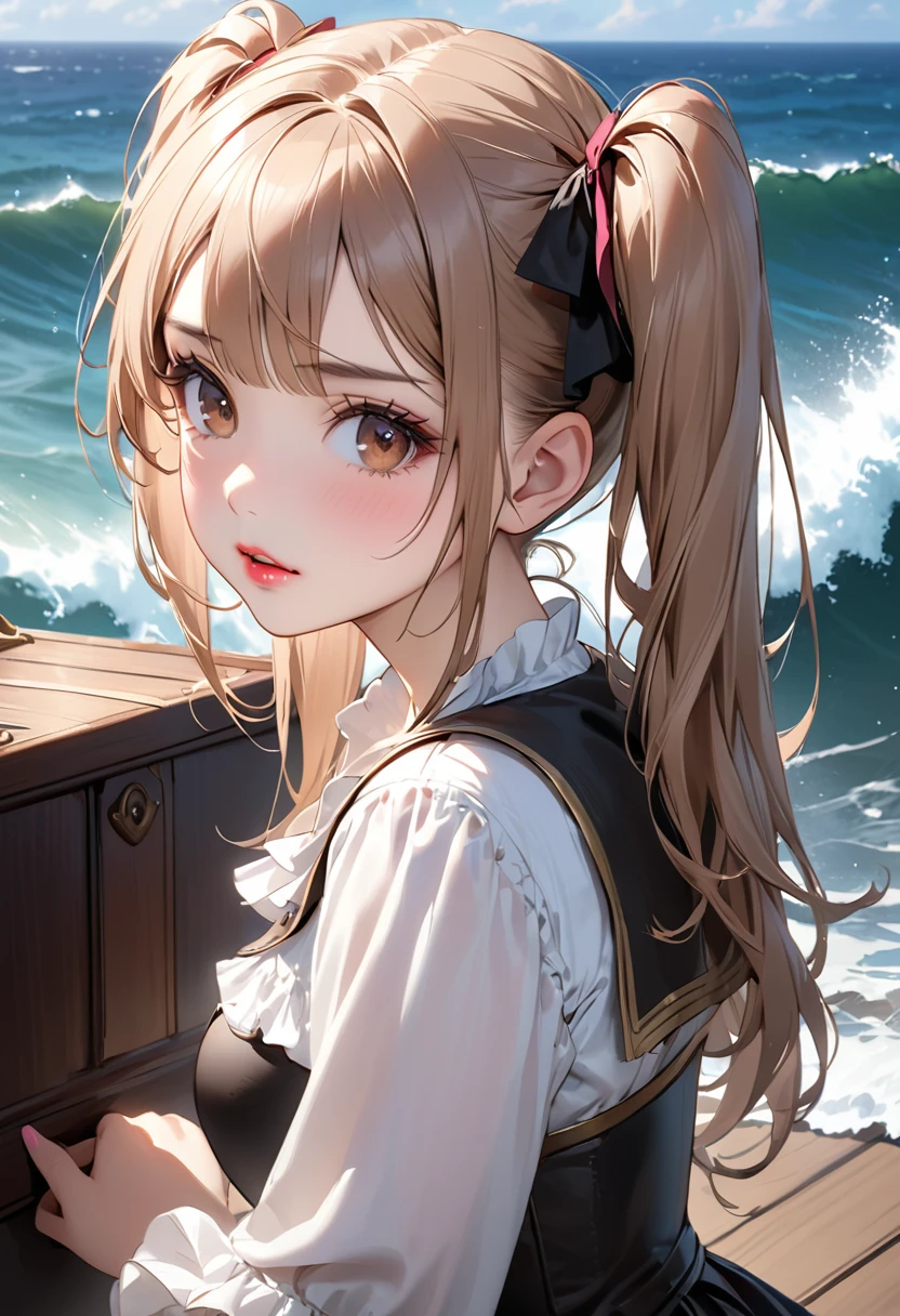 Highest quality, masterpiece, Ultra-high resolution, Realistic:1.2, RAW Photos, Intricate details, Portraiture,　Big beautiful brown eyes:1.2, Perfect contours, Perfect proportions:1.2, ((female pirate:1.2)), break　((Bust Shot:1.2, ((from side:1.2)), (front shot:1.2), looking away:1.2)), ((petite, short, tiny girl:1.2)), Light Brown Hair、((long hair, twintails:1.2)), (makeup:1.2, full lips:1.3, pink lips:1.3, shiny lips:1.3, parted lips:1.2), ((Pirate costumes:1.2, Pirate Shoes)), break　((Hold your mouth、Place your hands on the floor、Kneeling on the floor、Leaning forward:1.2))、(Crying face:1.2), (The background is the deck of a pirate ship:1.2、There are a few pirates wandering around、Big Waves、Gust of wind), (empty-handed)
