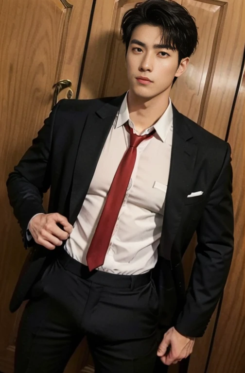 1 handsome Japanese guy,27years old,Lawyer,Formal shirt and red tie, Lawyer服, Professional Dress, Preparing for court, Handsome and elegant, Wearing a black uniform, sexy abstinence, in blouse wearing, Masculine and handsome,musculous,Muscles look good,hairy bodies,with fair skin,黑The eye(thin eyes 1:3),Full body photo,lewd face, tight chest, provocatively, unbutton buttons ,sexy