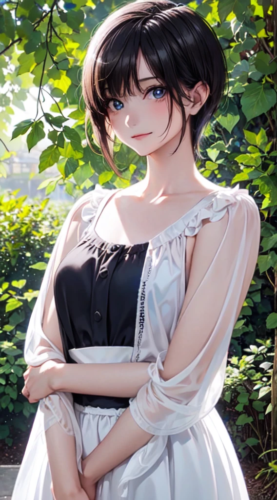 (masterpiece:1.3, Highest quality, Ultra-high resolution, Super detailed), (Realistic:1.1, photoRealistic:1.4), Beautiful illustrations, Perfect lighting, colorful, Depth of written boundary, Beautiful detailed hair, Beautifully detailed face, Beautiful attention to detail, Beautiful clavicle, Beautiful body, (Beautiful small breasts), Beautiful thighs, Beautiful feet, Beautiful fingers, View your viewers, 1 girl, Japanese, high school girl, Perfect Face, (Perfect Anatomy, Anatomically correct), Cute and symmetrical face, Baby Face, Sunburn, Glowing Skin, (short hair:1.5, Bobcut:1.2, Ash Blonde Hair), Hair between the eyes, blue eyes, Long eyelashes, thin, (Pale pink dress, Black tank top, White Skirt), (Are standing), (Cute smile,, Close your mouth),