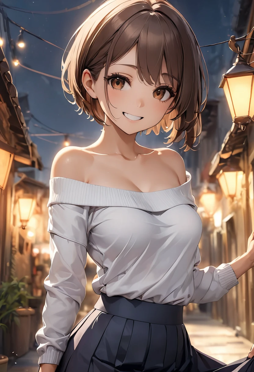 (masterpiece:1.2), Highest quality, High resolution, unity 8k wallpaper, (shape:0.8), (Beautiful details:1.6), Highly detailed face, Perfect lighting, Extremely detailed CG, (Perfect hands, Perfect Anatomy),short hair, Brown Hair, (Brown eyes:1.5), ponytail,happy smile, smile,Open your mouth,Off-the-shoulder sweater,Long skirt,((Skirt Lift,Panties in full view)),Exposing shoulders,bare clavicle,Bare neck,whole body