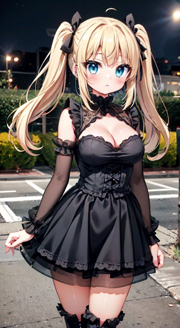 masterpiece, Highest quality, (anime screencap:1.3),(shape), cute,(Simple:1), (anime:1.2),Solo Sharp Focus, 1 Girl, Cleavage,night,((car,NISSAN,skyline,GT-R,R34,ブルーボディ,animestyle1.3))(Starlight,Starry Sky 1.1),blonde,((mini skirt)), Twin tails,summer ,((ta Costume)),,Loliashion,t,Hair Ribbon,Cowboy Shot,Daytime,,,Large Breasts,,(Absolute region 1.1),(Braided Boots 1.1),Browsing Caution,