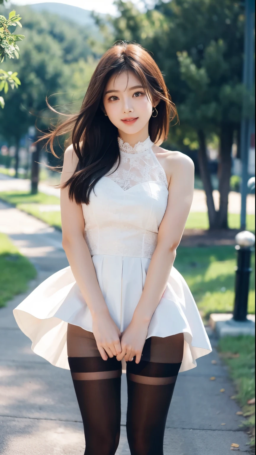 ulzzang-6500-v1.1, (Genuine:1.4), (masterpiece), (Highest quality, 8k, 32K, masterpiece:1.2),Beautiful Japanese Women Photos,(Sad Smile,blush:1.1),Looking at the audience,(Beautifully detailed dress skirt:1.2),Leg Details,(Spread your legs:0.9),(Lace panties:0.9),(Ultra-realistic pantyhose:1.2),(Wind lift:1.6), whole body,the wind is strong,city,Outdoor